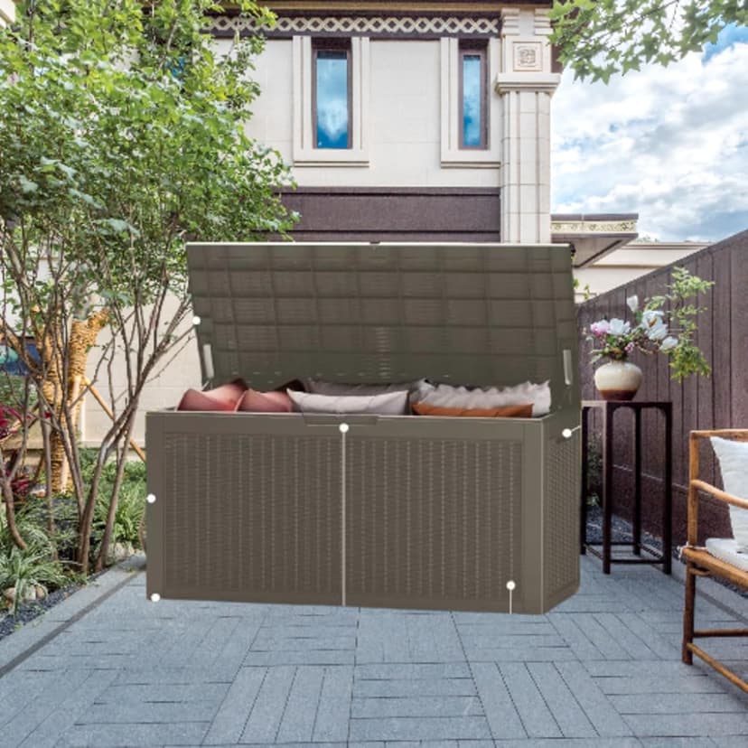 100 Gallon Lockable Resin Deck Box, Waterproof & UV-Resistant Outdoor Storage Box for Cushion Storage and Outdoor Delivery Storage,Coffee