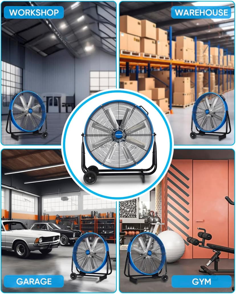 KEN BROWN 24 Inch Industrial Drum Fan, High Velocity Floor Shop Fan, Heavy Duty, 9500 CFM, 8 Blades, 3 Speeds, 360 Degree Tilt, Ideal for Industrial, Commercial, Gym, Garage Use, Blue