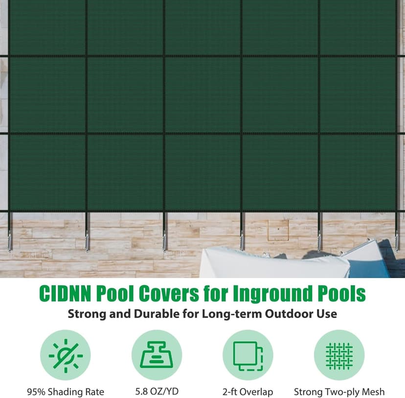 Inground Pool Cover Safety Fits 15x30ft Rectangle Swimming Pool, Mesh Solid Pool Cover for Inground Pools,Winter Pool Safety Cover Includes Safety Net and Installation Tools Green