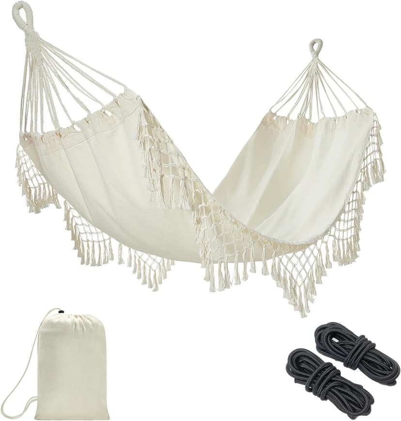 JoyView Boho Macrame Single Hammock with Hanging Ropes & Elegant Tassels 78.8x39.4 Portable Cotton Hammock for Patio Backyard Porch 300LBS Weight Capacity Perfect for Outdoor/Indoor - Beige Color