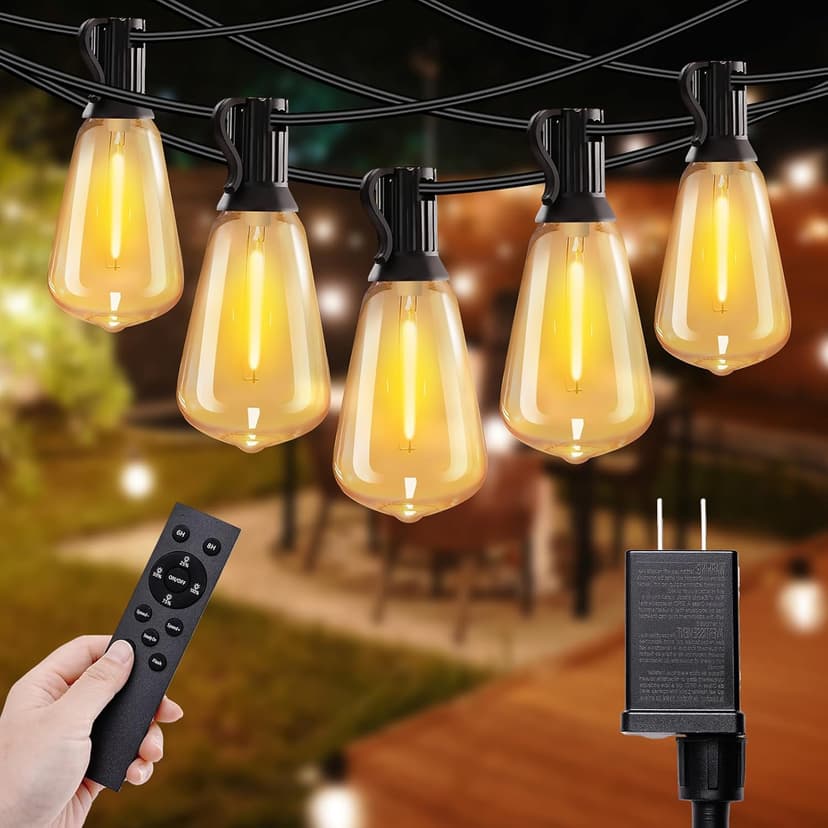 50ft LED String Lights with Remote, 25+1 Bulbs Dimmable String Lights for Outside, ST38 Patio Lights Outdoor Waterproof, Decorative Hanging Lights for Deck, Garden, Backyard