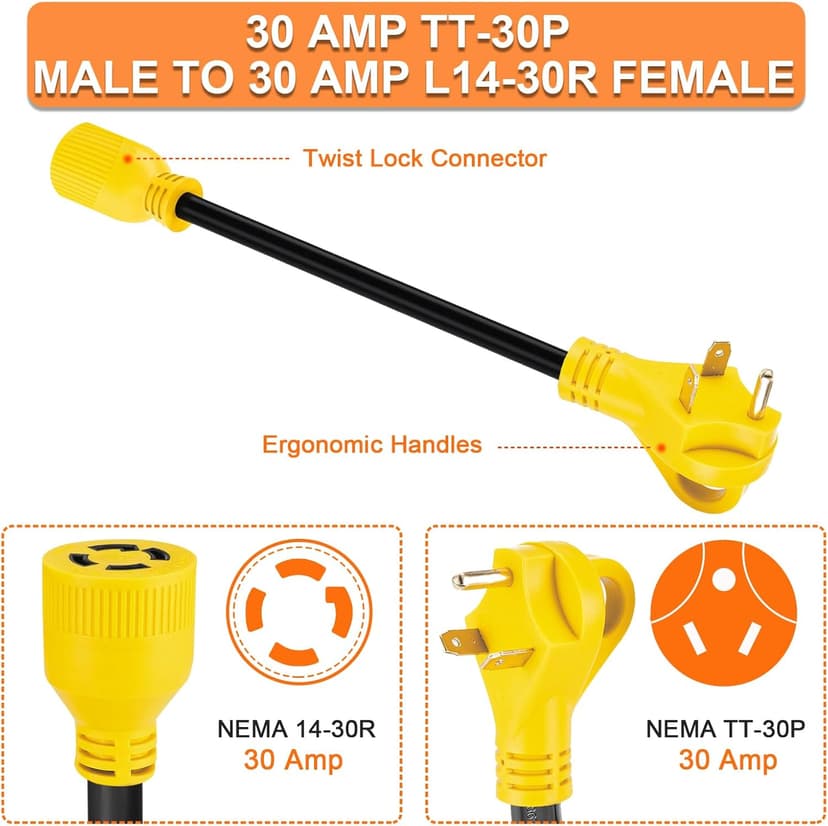 Generator Transfer Switch Adapter Cord NEMA TT-30P to L14-30R, 3 Prong 30 Amp RV Generator TT-30 Male Plug to 4 Prong 30 Amp Inlet Box L14-30 Female Connector, STW 10AWG/3C, ETL Listed