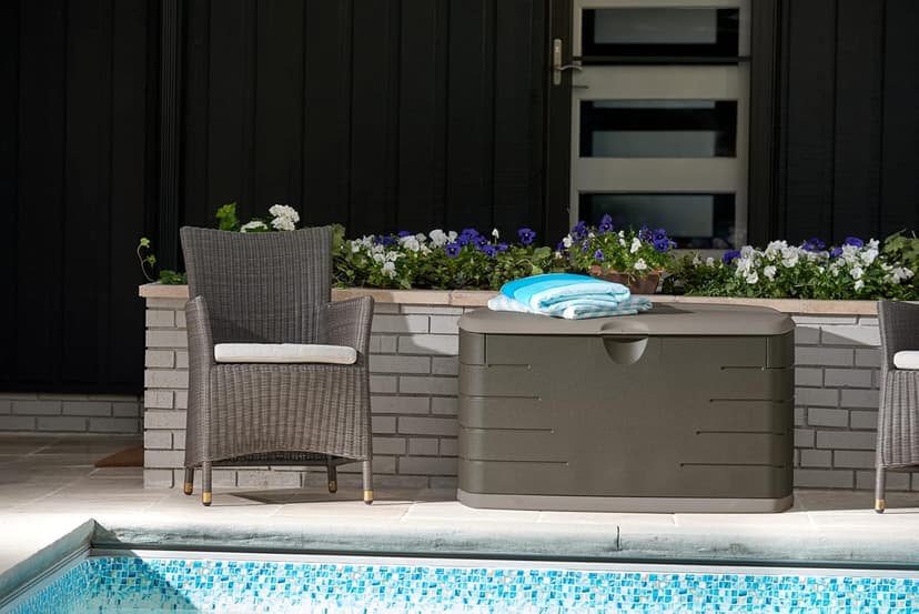 Rubbermaid Medium Resin Outdoor Storage Deck Box (73 Gal), Weather Resistant, Brown, Deck Organization for Home/Backyard/Pool Chemicals/Toys/Garden Tools/Porch/Patio Cushions