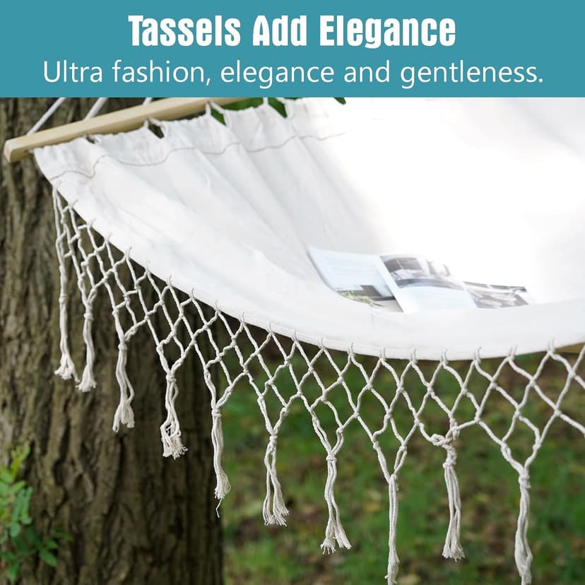 Double White Natural Canvas Handmade Hammock Beautiful Boho Style, Brazilian Deluxe Hammock Bed of Indoor Bedroom or Outdoor Tree, Patio, Porch, Yard, Beach for Camping, Hiking, Travel, Decor