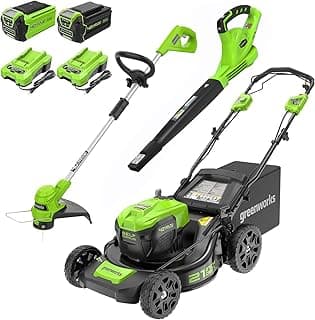 Greenworks 40V 21" Self-Propelled Mower,Axial Leaf Blower,12" String Trimmer with Batteries and Chargers