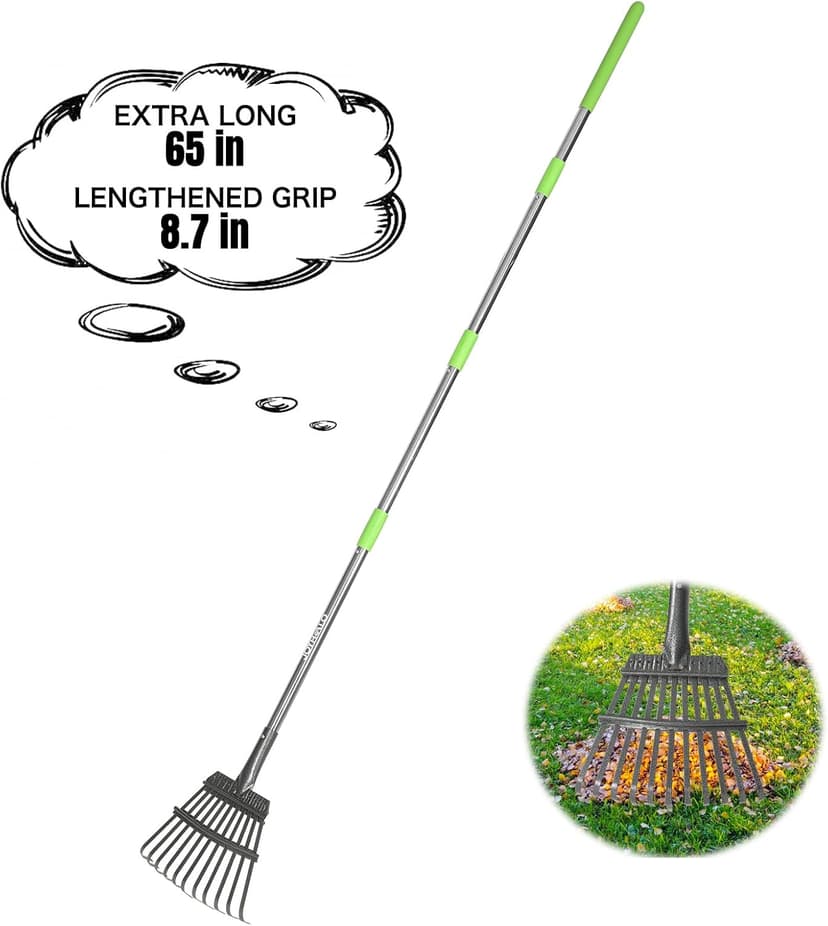 Joyhalo Small Leaf Rake, 8.5 Inch Wide Head with 11 Tines, Metal Garden Rake with Adjustable Handle 38.5 to 65 Inch for Gardening, Leaves, Weeds, Debris