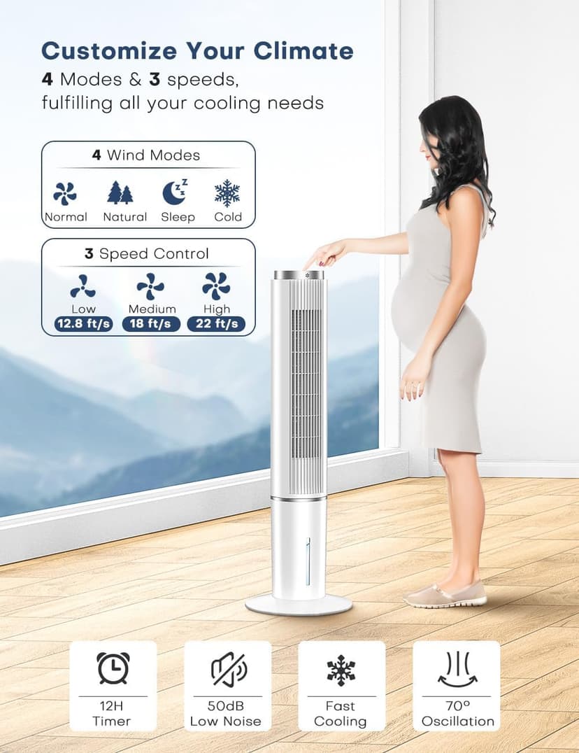 42 INCH Portable Air Conditioners w/LED Touch Screen, 4 Mode&3 Speed,1-Gal Tank for 15H Cooling Evaporative Air Cooler,12H Timer, No Hose No Window Needed, 90° Oscillating AC Unit for Bedroom