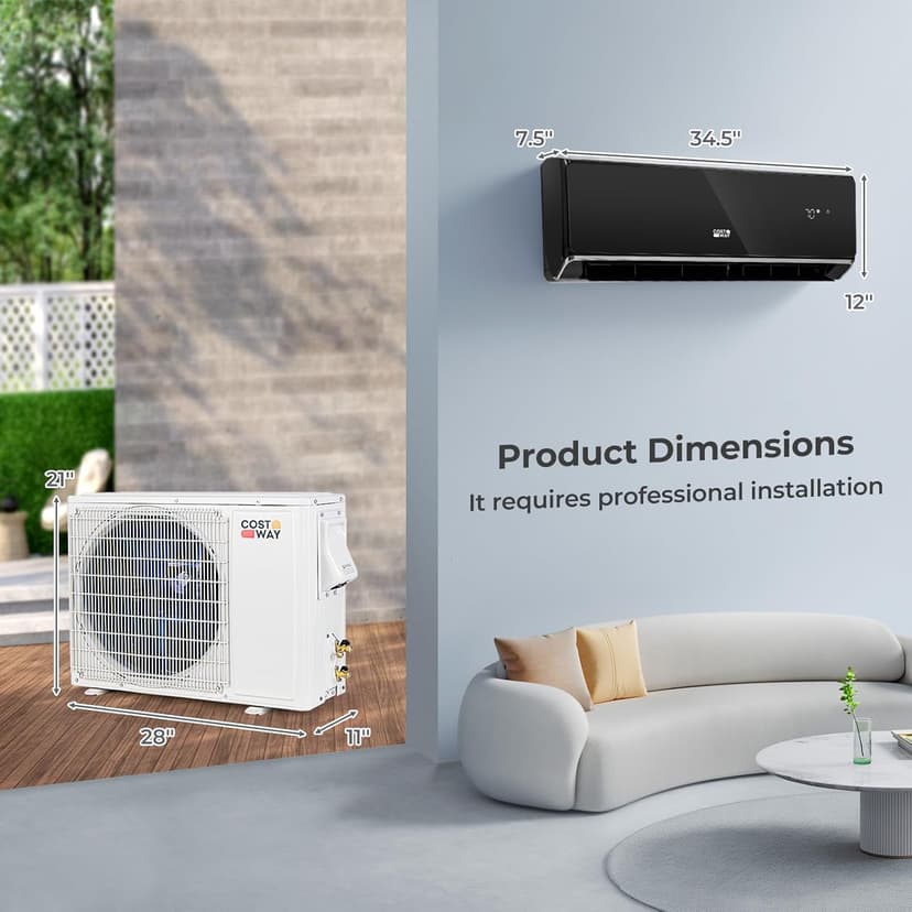 COSTWAY 12000 BTU Wifi Enabled Mini Split Air Conditioner & Heater, 22 SEER2 208-230V Inverter AC Unit Cools up to 750 Sq. Ft, Energy Efficient, Heat Pump (Black, 12000BTU, 208-230V, 22 SEER2-WIFI)