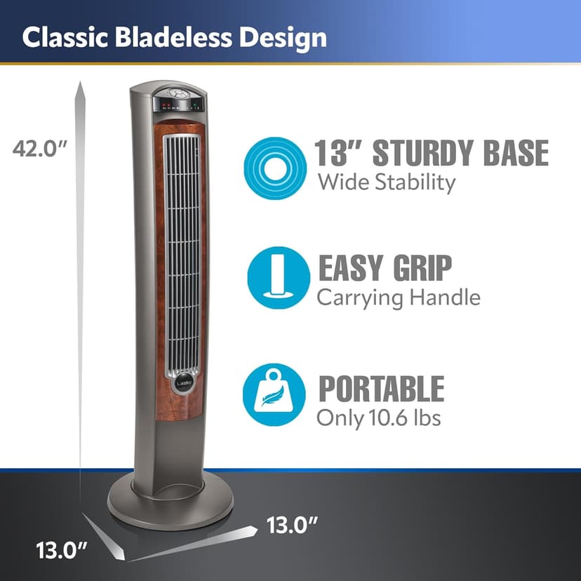 Lasko Oscillating Tower Fan, Nighttime Setting, Remote Control, Portable, Timer, for Bedroom, Home and Office, 3 Quiet Speeds, 42.5", Silverwood, T42954, woodgrain and grey