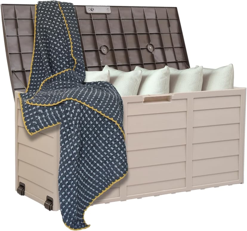 VINGLI 75 Gallon Outdoor Storage Box, Patio Deck Box Furniture with Rolling Wheels, Plastic Storage Containers with Lockable Design, For Garden, Yard, Balcony (Brown)
