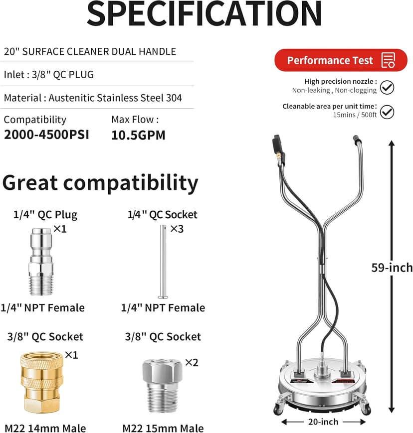 20" Pressure Washer Surface Cleaner with 4 Wheels - Stainless Steel Dual Handle Surface Cleaner for Pressure Washer Attachment for Concrete, Patio, Sidewalk, Deck and Driveways