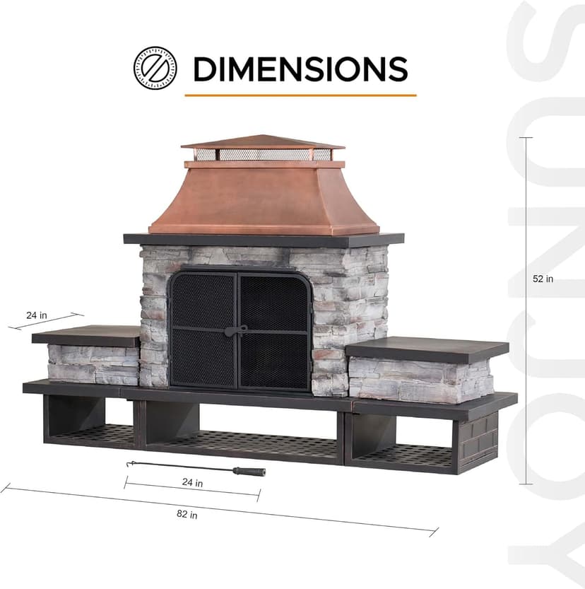 Sunjoy Outdoor Fireplace, Patio Wood Burning Fireplace with Steel Chimney, Mesh Spark Screen Doors, Fire Poker, and Removable Grate, Copper and Black