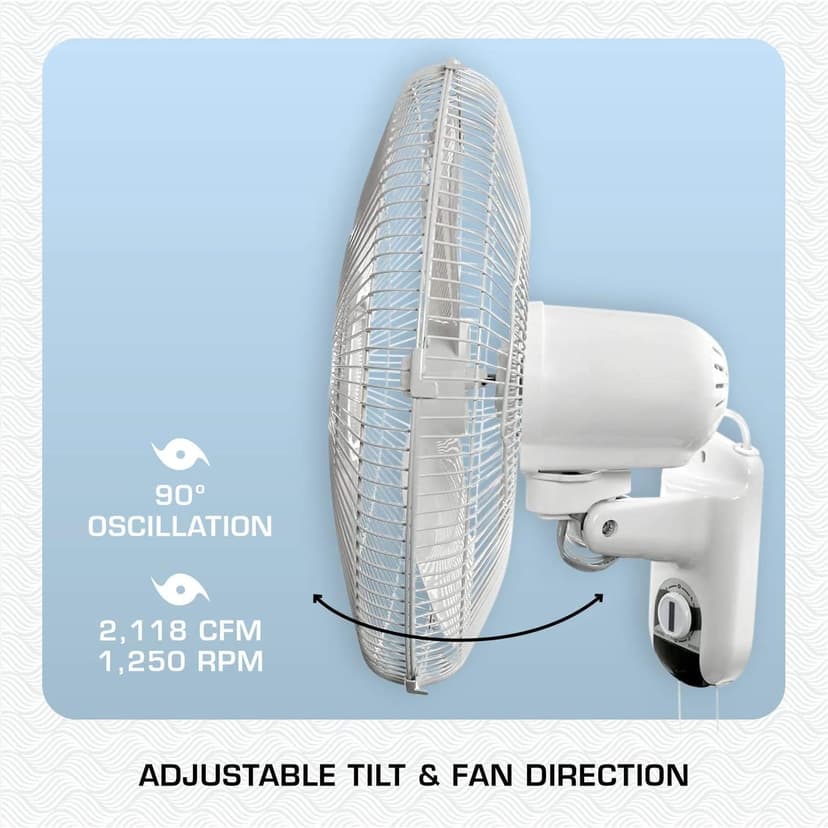 Hurricane Classic Oscillating Wall Mount Fan w/ 3 Quite Speeds, White, 16" - Corded Electric Air Cooling Unit w/Easy Pull Cord Controls for Home, Grow Tents, Offices, Sheds, Studios, Garages & Dorms