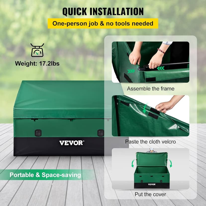 VEVOR Outdoor Storage Box, 230 Gallon Waterproof PE Tarpaulin Deck Box w/Galvanized Frame, All-Weather Protection & Portable, for Camping, Garden, Poolside, and Yard, Black & Green