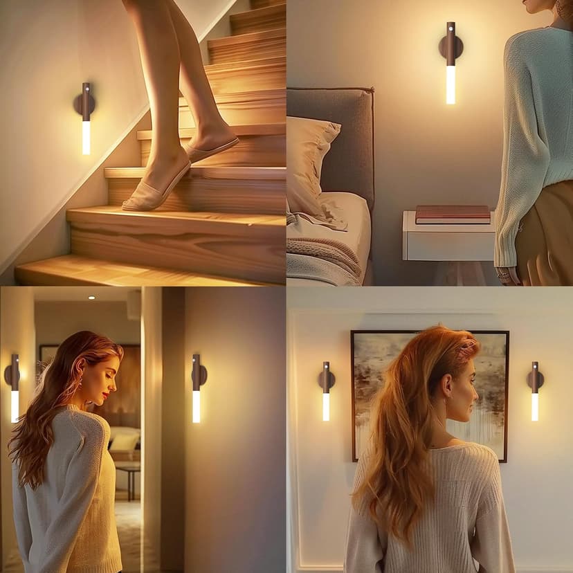 Battery-Operated Motion Sensor Night Lights: 2200mAh Rechargeable Wall Sconces Magnetic Wall Lights Wireless Stairway Lights Portable Hallway Light Wooden Wall Lighting for Bedroom Stair Picture