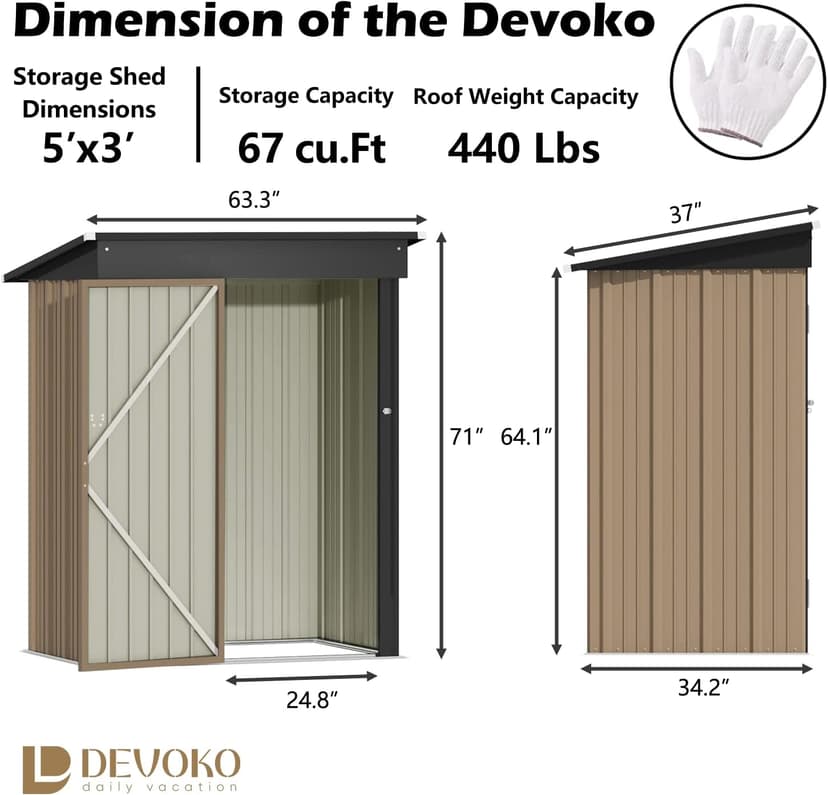 Devoko Outdoor Storage Shed 5 x 3 FT Lockable Metal Garden Shed Steel Anti-Corrosion Storage House with Single Lockable Door for Backyard Outdoor Patio (Brown)