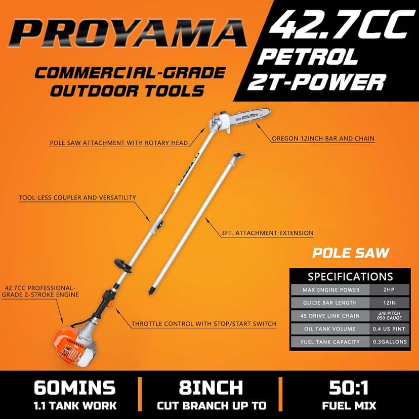 PROYAMA 90-180 Degree 42.7cc Head Adjustable Pole Chainsaw for Tree Trimming with 12 inch OREGON Cutting Bar & OREGON Chain 38-inch Extension for a 15ft Reach Gas Cordless Pole Saw