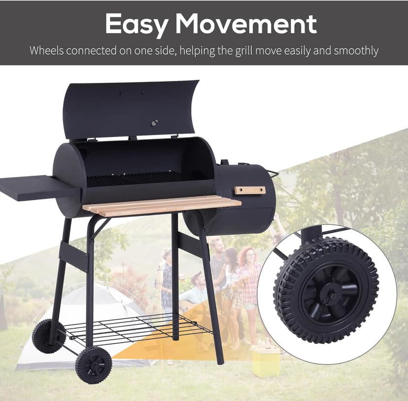 Outsunny 48" Portable Barrel Charcoal BBQ Grill, Steel Outdoor Barbecue Smoker with 232 Square Inches Cooking Space, Storage Shelf, Wheels for Garden Camping Picnic, Black