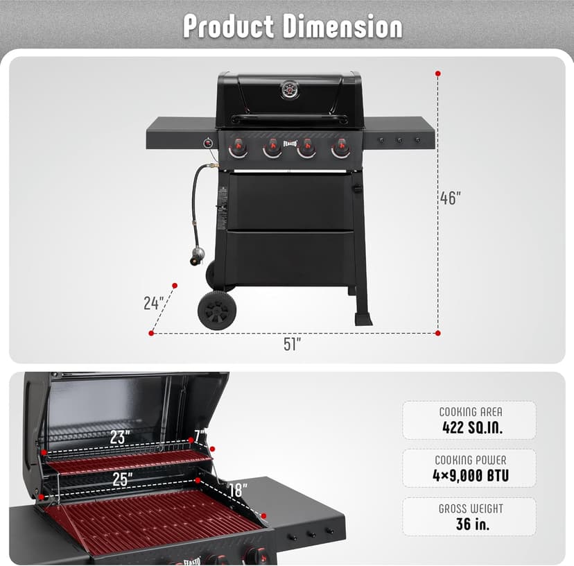 4-Burner Propane Gas Grill, Outdoor Grill with 2 Side Tables and Porcelain-Enameled Grates for Patio BBQ, 36000 BTU Powerful for Outdoor Cooking, Black - Perfect for Your Next Backyard BBQ