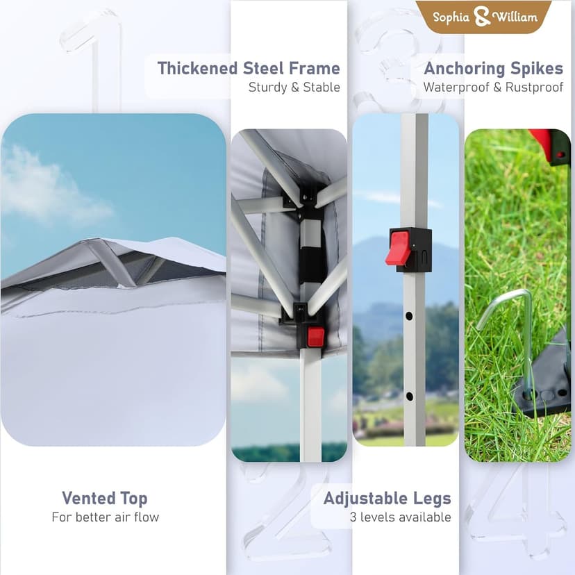 Canopy Tent Pop Up 10x10 ft, Outdoor Patio Portable Commercial Canopies Shelter Heavy Duty Straight Legs with Roller Bag, 8 Stakes, 4 Guy Ropes, UPF50+, White, Sophia & William
