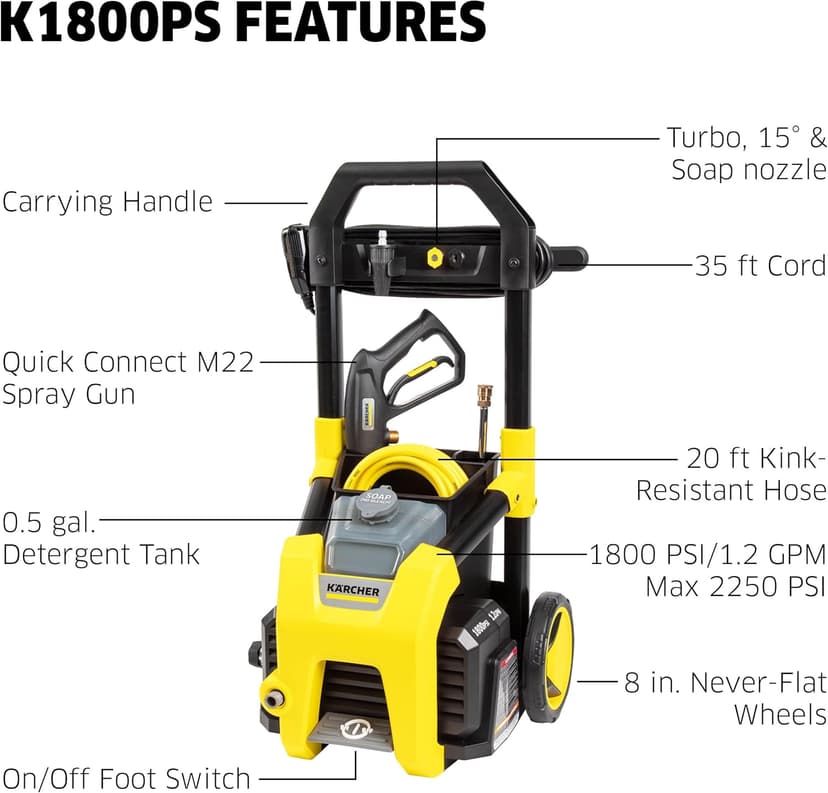Kärcher Pressure Washer K1800PS, Max 2250 PSI, 3 Spray Nozzles, Detergent Tank, For Cars, Driveways, Siding, Patios, 1.46 max. GPM