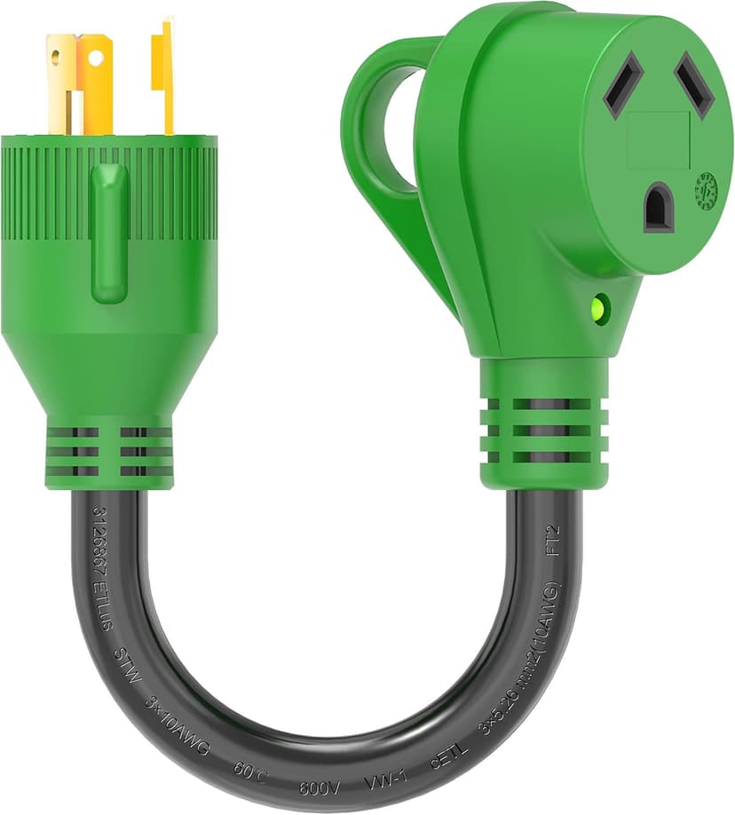 RVGUARD 3 Prong 30 Amp to 30 Amp RV Generator Adapter Cord 12 Inch STW 10/3, L5-30P Locking Male Plug to TT-30R Female with LED Power Indicator, Green