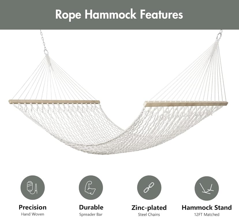 ANOW Outdoor Rope Hammock with Spreader Bars, Heavy Duty Hammock with Pad for Outdoors Indoors, 450 LBS Weight Capacity, Gray