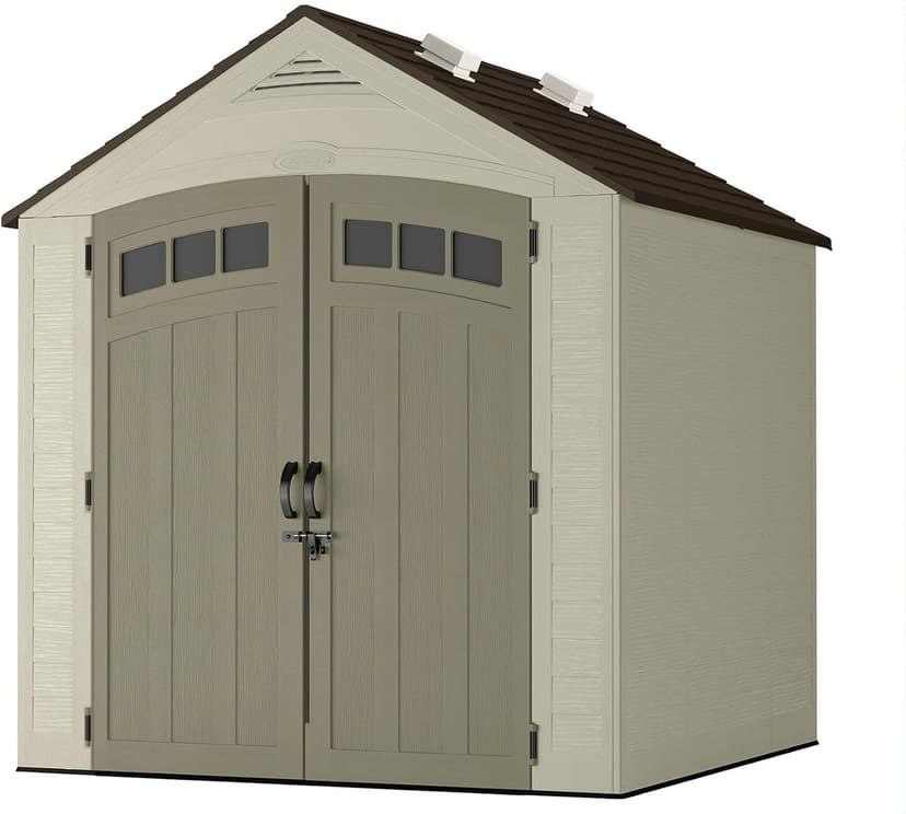 Suncast Vista 7x7 Storage Shed with Multi-Wall Resin Panels, 4 Skylights, IllumiVent System, and Pad-Lockable Doors, 84" D x 84" W x 98" H, Made in The USA