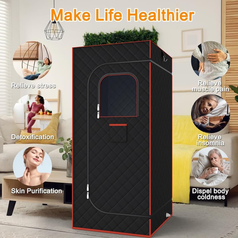 Portable Sauna for Home, Sauna Box Sauna Tent with 3L Steamer, Remote Control, Folding Chair and Foot Pad, Full Size Personal Steam Sauna for Home Spa, 15 Levels, Orange