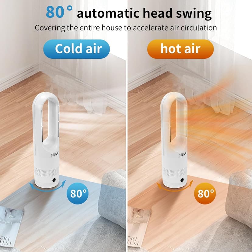 Oscillating All Season Bladeless Fan, 1400W Space Heater & 40W Cooler Fan Combo with Remote,Installation Free Quiet Fan,Tip-Over Switch80°Oscillating, 8 Speeds, 9H Timer,22 inch