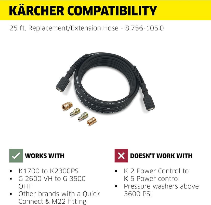 Kärcher 25' High Pressure Replacement/Extension Hose for Pressure Washers - 3600 PSI - Adapters Included - Quick Connect/M22
