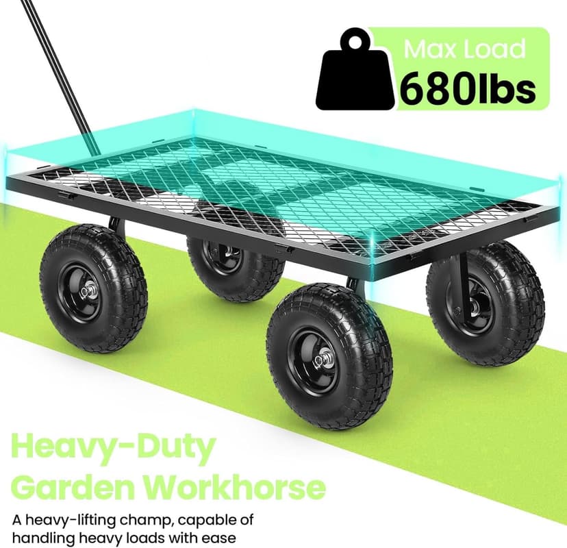 Homdox Steel Garden Cart 680 lbs Capacity Heavy Duty Garden Wagons,with Removable Steel Mesh Sides to Convert into Flatbed,Utility Metal Wagon w/ 180°Rotating Handle (Black, 680lbs)