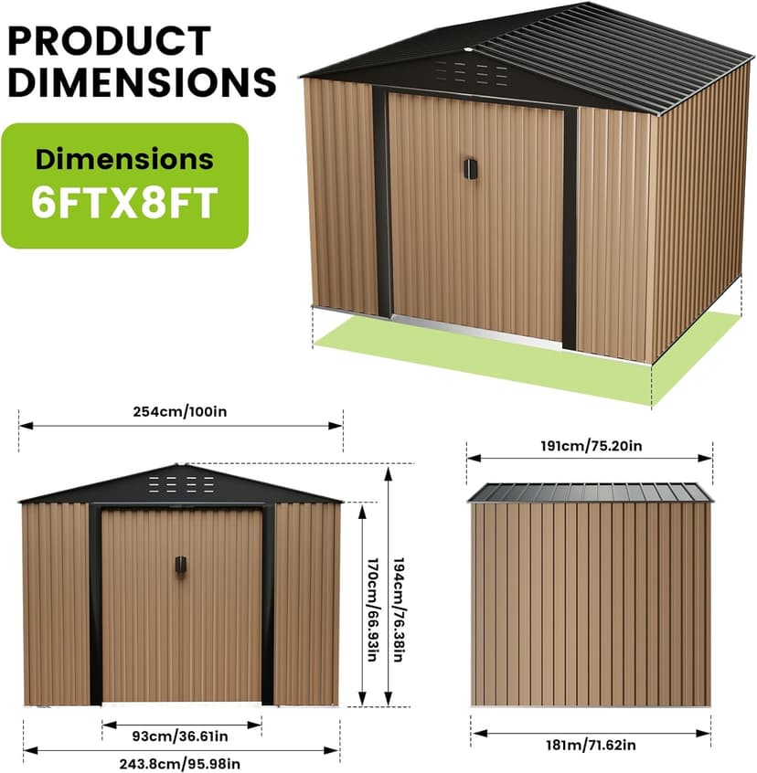 8FT x 6FT Sheds & Outdoor Storage, Metal Garden Shed, Outdoor Storage Shed, Metal Utility Tool Storage Shed with Door Lock, Waterproof Roofs, for Backyard Garden Patio Lawn, Brown