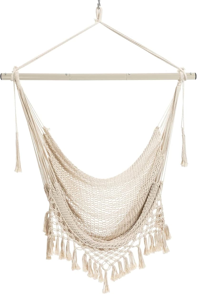 Hammock Chair，Max 330lbs, Large Hanging Chair, Soft Cotton Rope Swing Chair with High Load-Bearing Metal Rod,Indoor Outdoor Garden Yard Living Room Use Beige