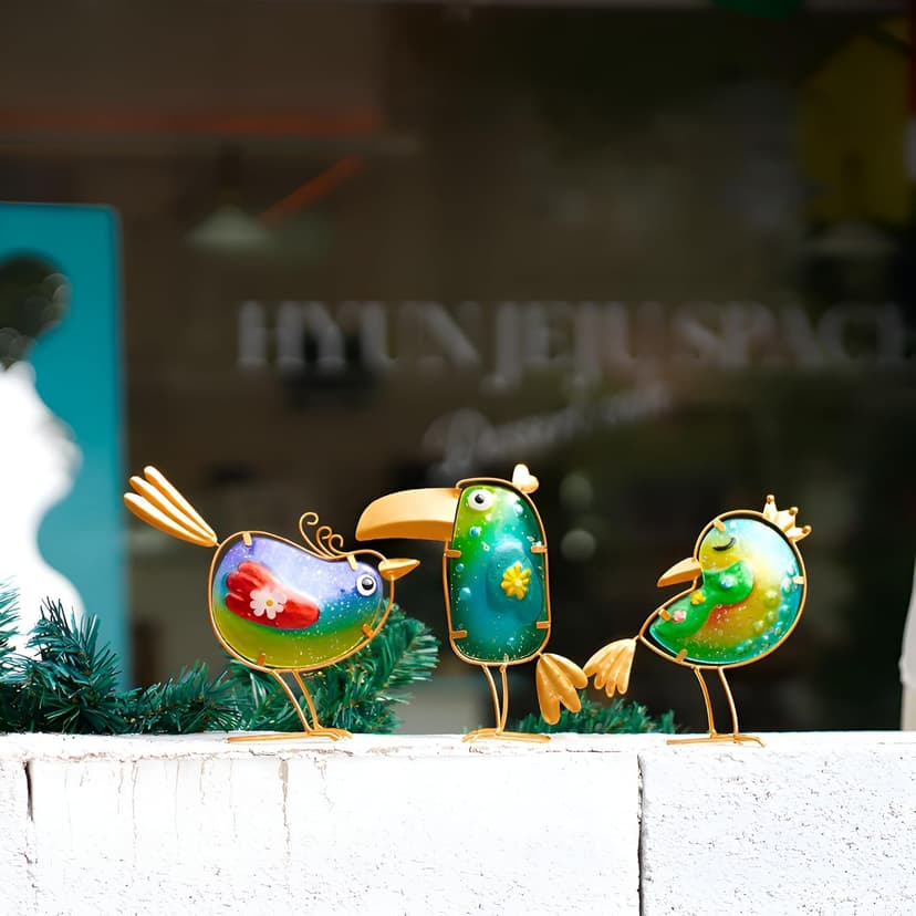 Funny Metal & Glass Bird Decor Set of 3 - Unique Colorful Indoor & Outdoor Garden Statues Whimsical Lawn Decorations Handmade Bird Sculptures Garden Decor for Outside