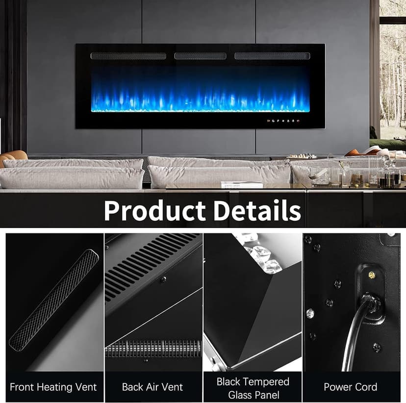 oneinmil Electric Fireplace, 50 inch Wide Recessed/Wall Mounted Electric Fireplace, Remote Control with Timer 12 Adjustable Color Flame, Remote Control,with Crystal Stone, 750/1500W