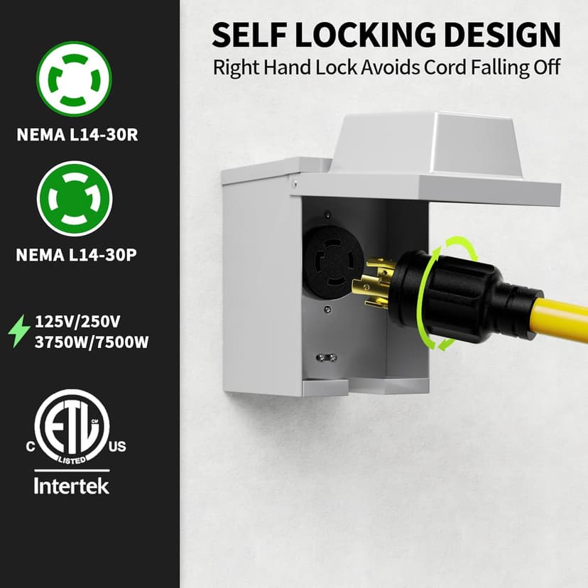 30-Amp Generator Extension Cord (35 Feet) 4-Prong 125/250V 7500W, NEMA L14-30P/L14-30R,10 Gauge STW Locking Power Cord for Transfer Switch, Portable Generators,Yellow 35ft Generator Cable
