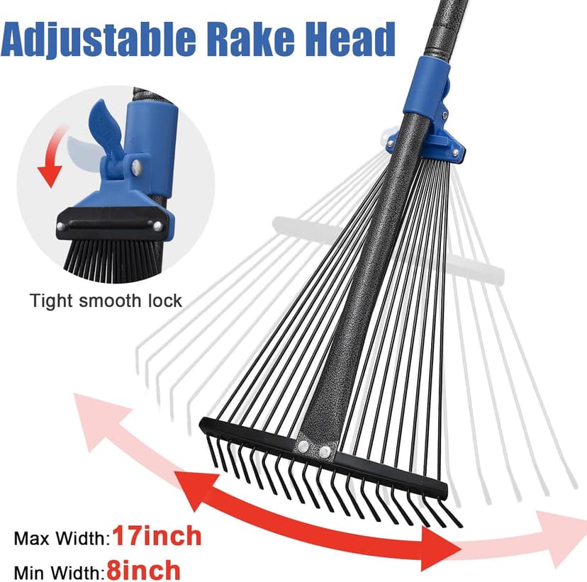 Adjustable Metal Leaf Rake Long Handle, 60 inch Garden Rakes for Lawns Heavy Duty Leaves with Expandable Head 8-17", Yard Women Kids Rake for Gardening RV Camping