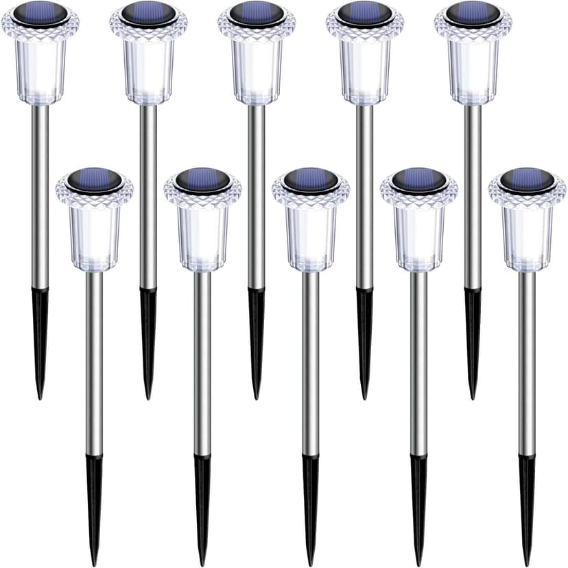 Solar Pathway Lights 10 Pack Solar Outdoor Lights, Led Waterproof Yard Walkway Lighting Stainless Steel Garden Stake for Outside, Path, Landscape, Lawn, Driveway, Backyard(Cold White)