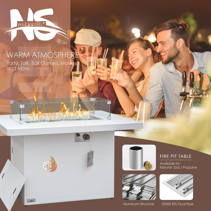 NICESOUL 43'' Outdoor Aluminum Firepit Table, 60,000 BTU Propane/Natural Gas, Rectangle CSA-Certified Fire Pit with Wind Guard & Glass Rocks, Rust-Proof Luxury Fireplace for Patio Poolside Deck, White