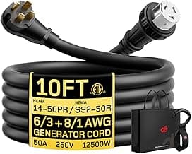 dé 50Amp Generator Cord, 10FT 50 Amp RV Extension Cord with Twist Lock, 4 Prong 50A Generator/RV Cable for 50A Inlet Box, NEMA 14-50P to SS2-50R, Heavy Duty 6/3+8/1 AWG STW Wire - ETL Listed