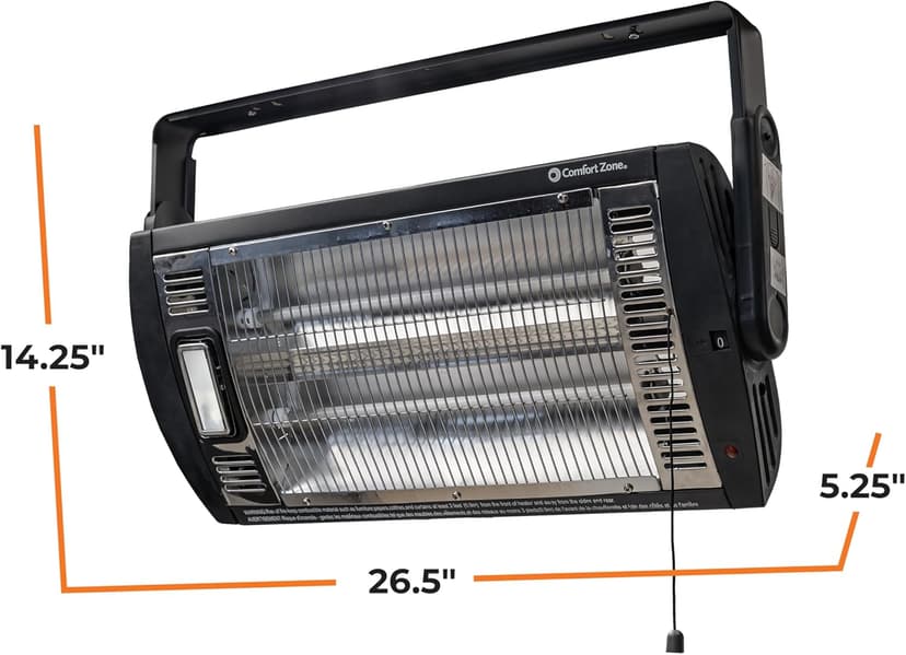 Comfort Zone Ceiling Mounted Space Heater, 90 Degree Adjustable Tilt, Dual Quartz, Radiant, Electric, Safety Grille, Overheat Protection, Hardware Included, Ideal for Workshop, Garage, 1,500W, CZQTV5M