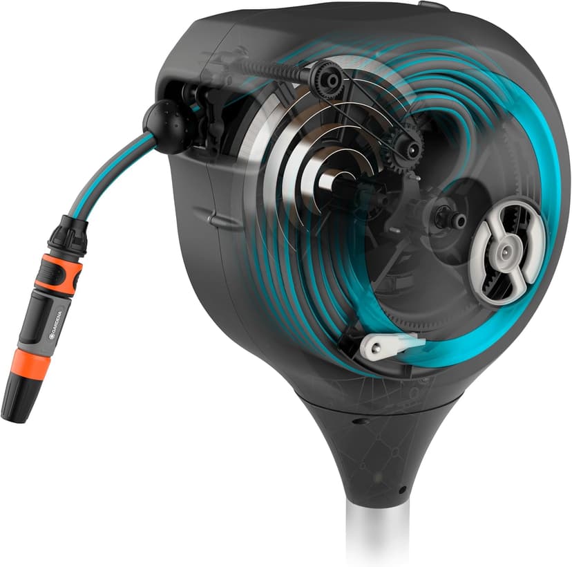 GARDENA (18614-80) 66' x 1/2" Automatic Retractable Garden Hose Reel on Metal Spike, 66' Outside Garden Hose Length, with 360° Rotation to Reach All Areas of Your Yard