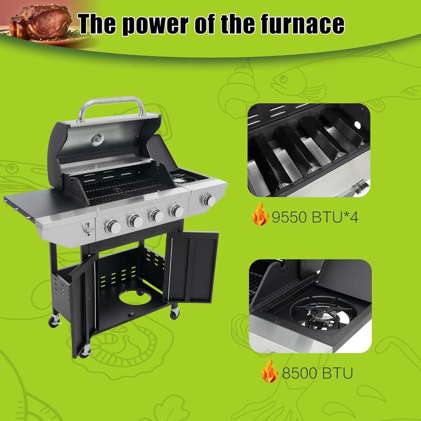 4 Burner Outdoor Propane Gas Grill with Side Burner & Thermometer, Stainless Steel Barbecue Grill with Wheels for Patio BBQ Cooking, Camping