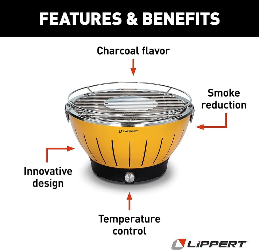 Lippert Odyssey Portable Grill - Compact and Versatile Charcoal Grill for Camping, Tailgating, and Outdoor Cooking - Lightweight and Durable Design with Large Cooking Surface - Amber