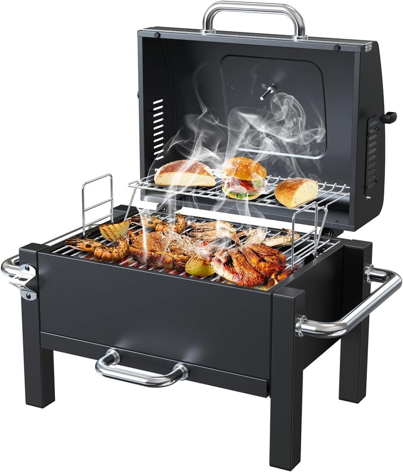 Portable Charcoal Grill, Tabletop Charcoal Grill, Small BBQ Grill with 2-layer Grates and Thermometer(100-800°F), Outdoor Charcoal Smoker for Camping, Picnic, Hiking, Beach and Travel