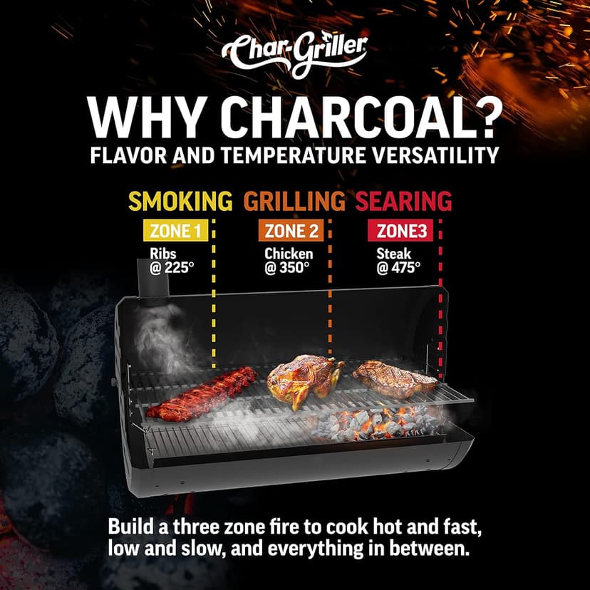 Char-Griller® Wrangler® Charcoal Grill in Black with Wood Shelves, EasyDump™ Ash Pan, Premium Wood Front and Side Shelves with Utensil Hooks, 635 Cooking Square Inches in Black, Model E2123