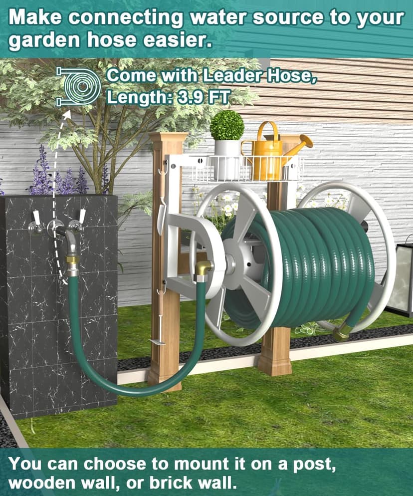 Outdoor Wall Mounted Hose Reel with Hook, Garden Heavy-Duty Water Hose Holder Winder with 3.9 ft Leader Hose, Brass Fitting and Storage Basket for Yard, Holds 125 Ft of 5/8-Inch Hose, White