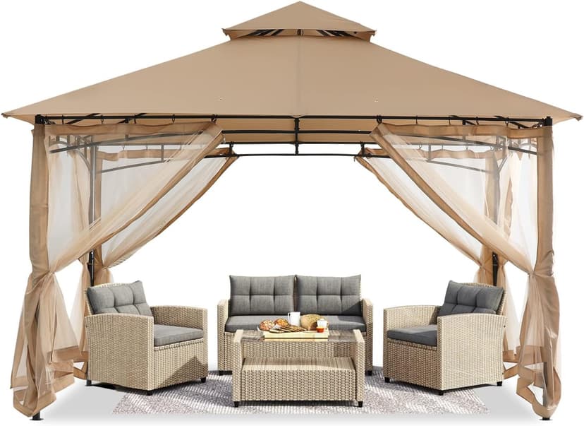 ABCCANOPY Gazebos for Patios 10x12 - Outdoor Steel Frame Gazebo with Mosquito Netting for Lawn Backyard Garden Deck (Beige)