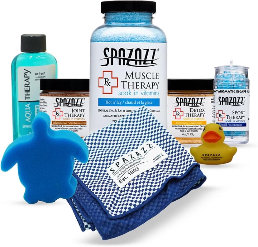 Spazazz Sports Athlete Hot Tub & Bath Salt Gift Bundle - Muscle Therapy 19 oz, Rx Joint 4oz, Detox 4oz, Aqua Therapy Re-Fresh 2.5oz, Sport Aroma Beads .5oz, scum Sponge, Hot/Cold Towel, Rubber Duck